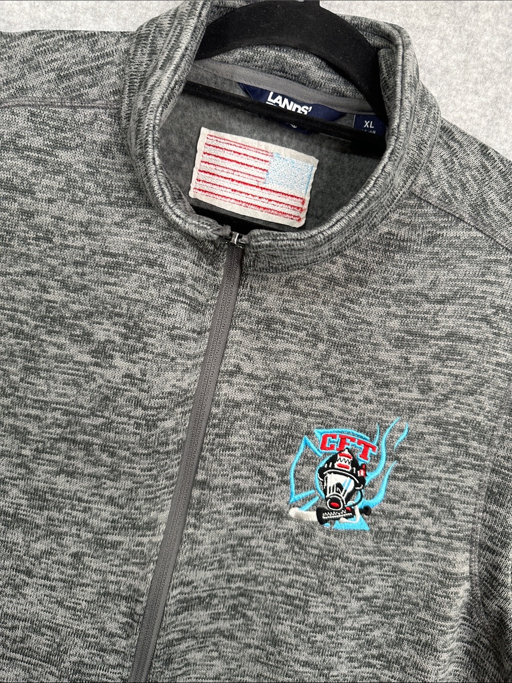 Lands End Mens Fleece Vest XL 46-48 Heather Gray CFT Firefighter Flag Full Zip
